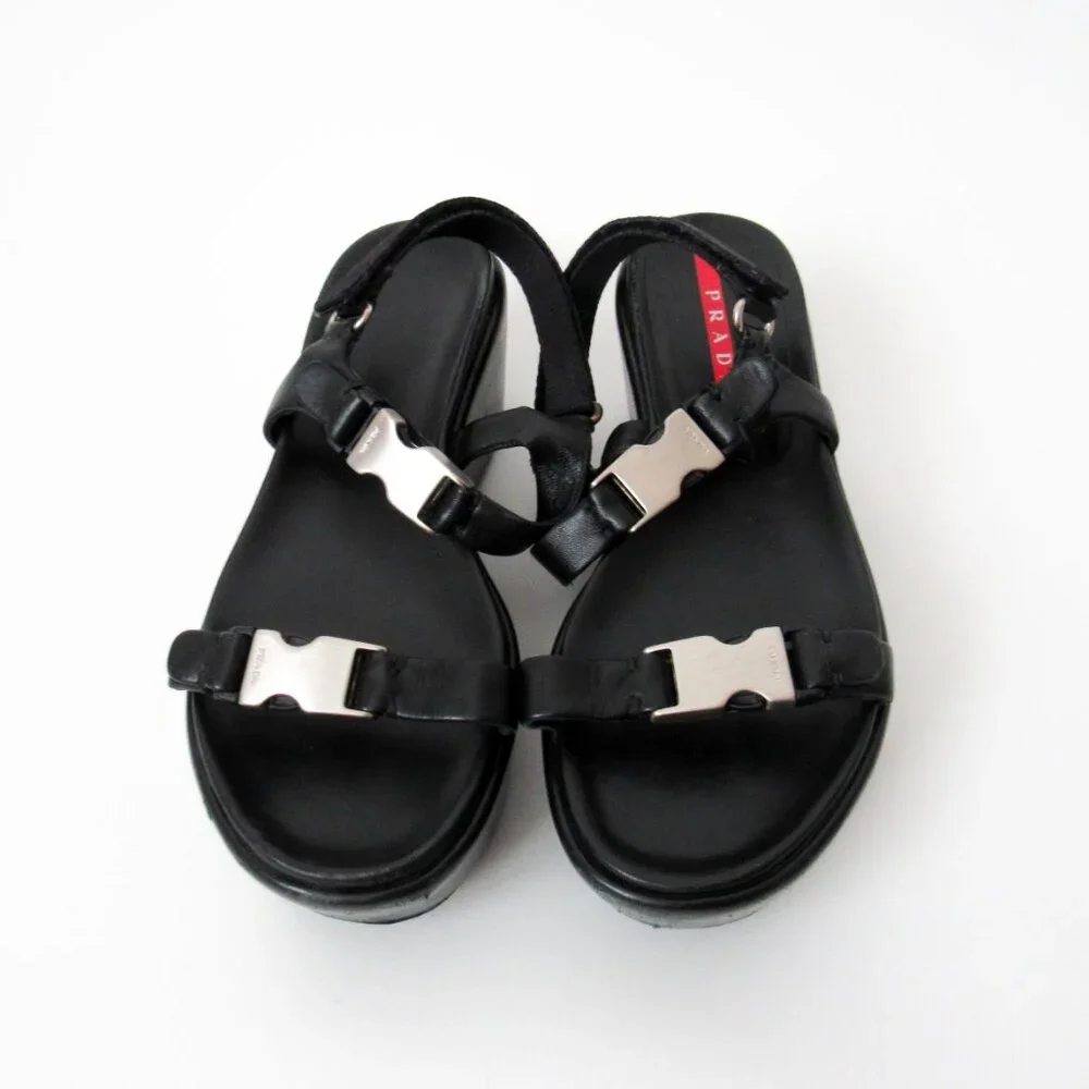 PRADA 90’s VINTAGE Black Sporty Open Toe Platform Sandals W/Metal Buckles Size-9